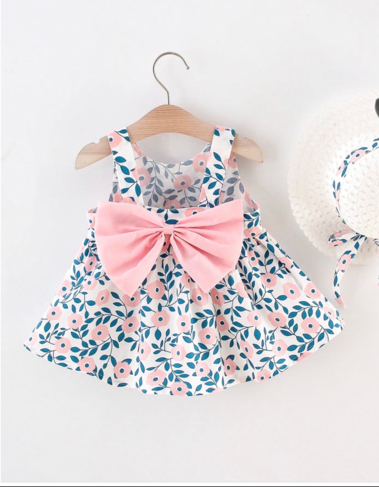 Bow Pink Floral Dress with Hat