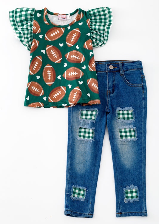 School Themed Football Denim Pant Set Green