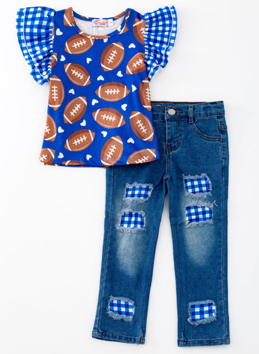 School Themed Football Denim Pant Set Blue