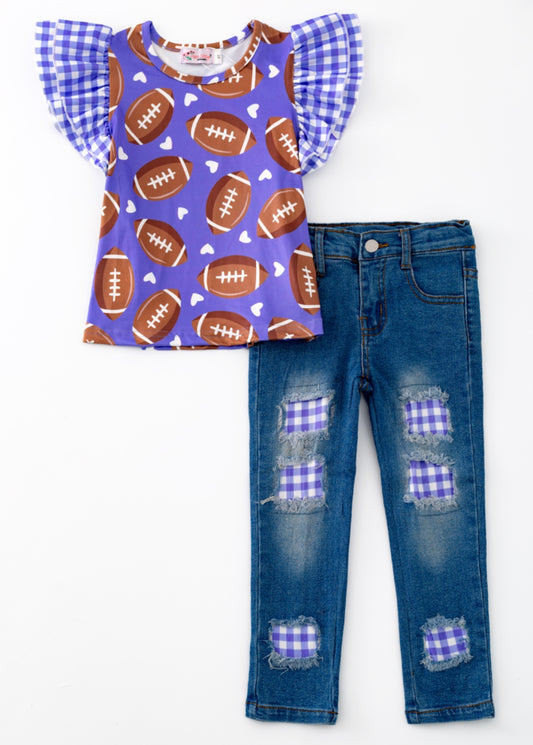 School Themed Football Denim Pant Set Purple