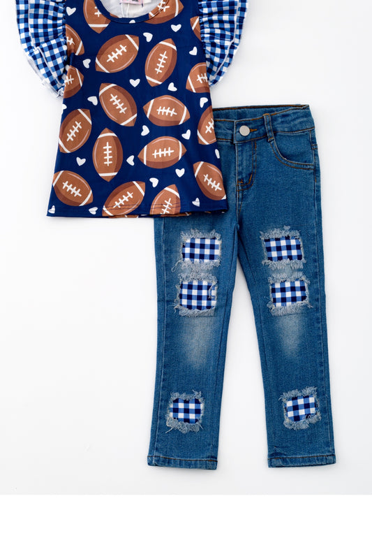 School Themed Football Denim Pant Set Navy Blue