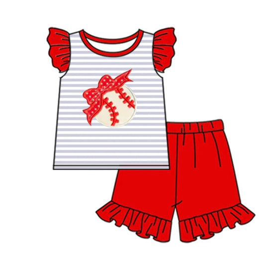 Baseball Red Bow Short Set  (PreOrder TAT 3-6wks)