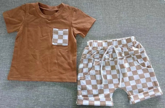 Checkered Brown Short Set (Pre Order TAT 4-6wks)